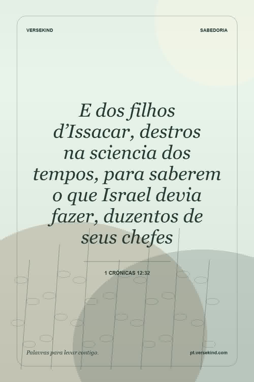 E dos filhos d’Issacar, destros na sciencia dos tempos, para saberem o que Israel devia fazer, duzentos de seus chefes — 1 Crónicas 12:32