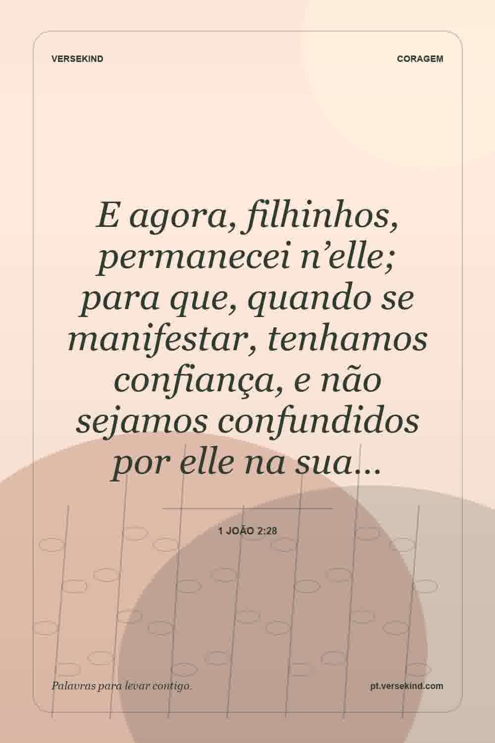 E agora, filhinhos, permanecei n’elle; para que, quando se manifestar, tenhamos confiança, e não sejamos confundidos por elle na sua… — 1 João 2:28