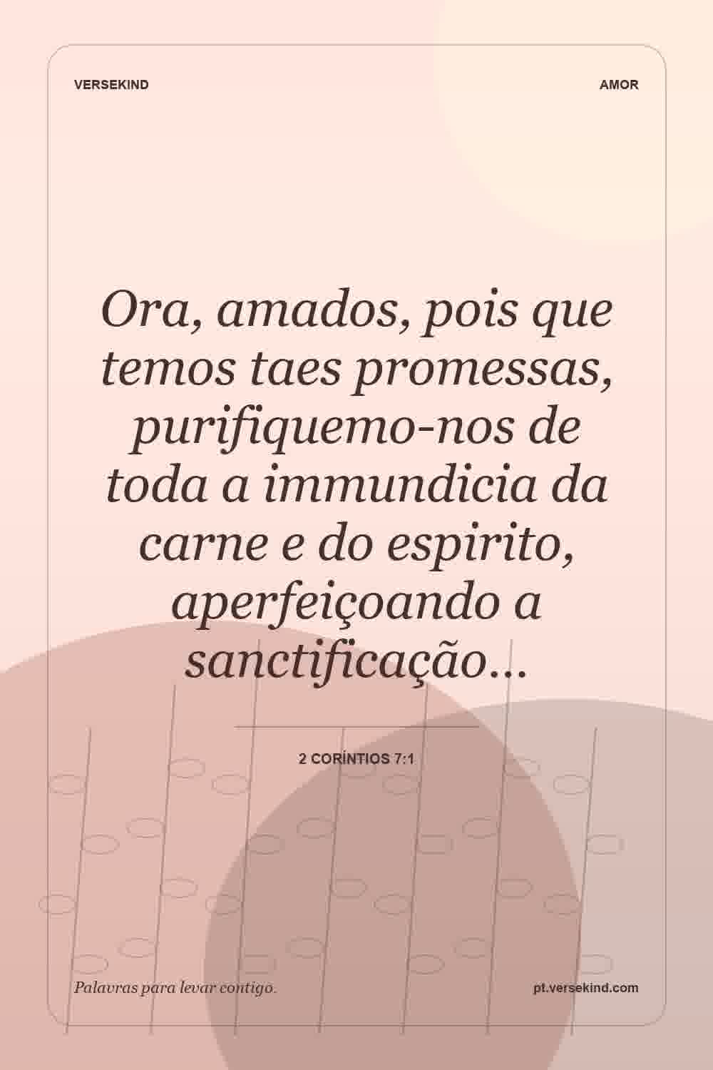 Ora, amados, pois que temos taes promessas, purifiquemo-nos de toda a immundicia da carne e do espirito, aperfeiçoando a sanctificação… — 2 Coríntios 7:1
