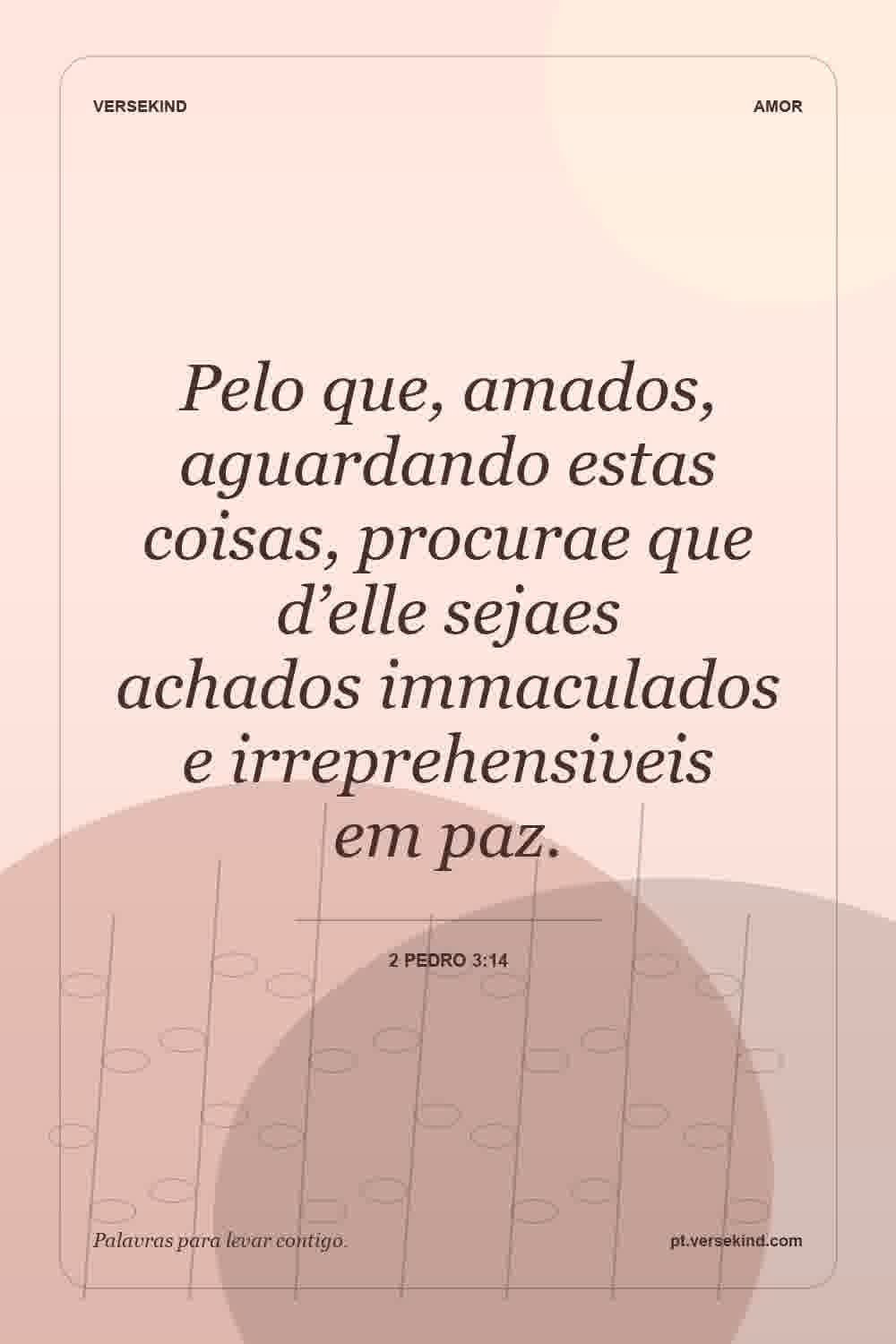 Pelo que, amados, aguardando estas coisas, procurae que d’elle sejaes achados immaculados e irreprehensiveis em paz. — 2 Pedro 3:14