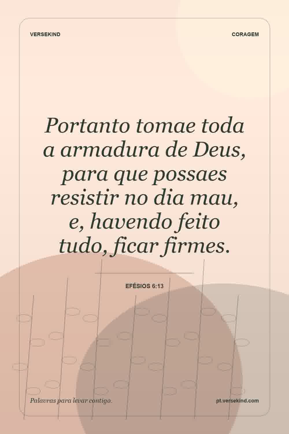 Portanto tomae toda a armadura de Deus, para que possaes resistir no dia mau, e, havendo feito tudo, ficar firmes. — Efésios 6:13