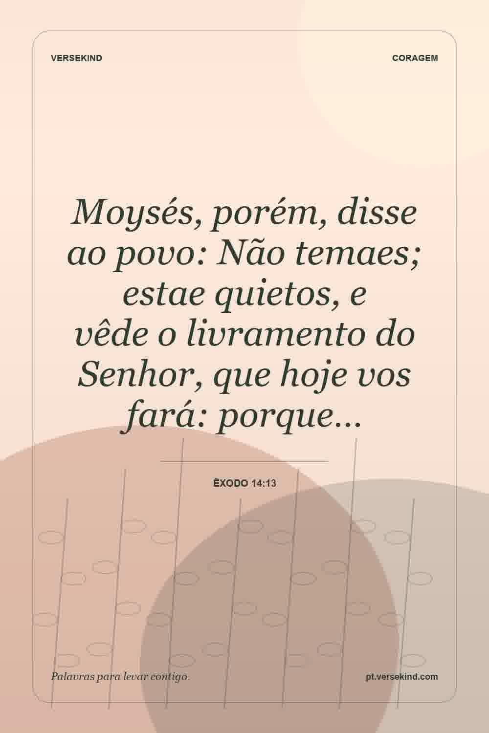 Moysés, porém, disse ao povo: Não temaes; estae quietos, e vêde o livramento do Senhor, que hoje vos fará: porque… — Êxodo 14:13
