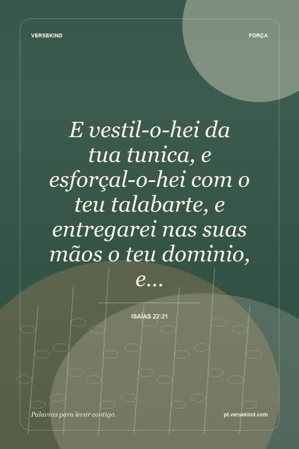 E vestil-o-hei da tua tunica, e esforçal-o-hei com o teu talabarte, e entregarei nas suas mãos o teu dominio, e… — Isaías 22:21