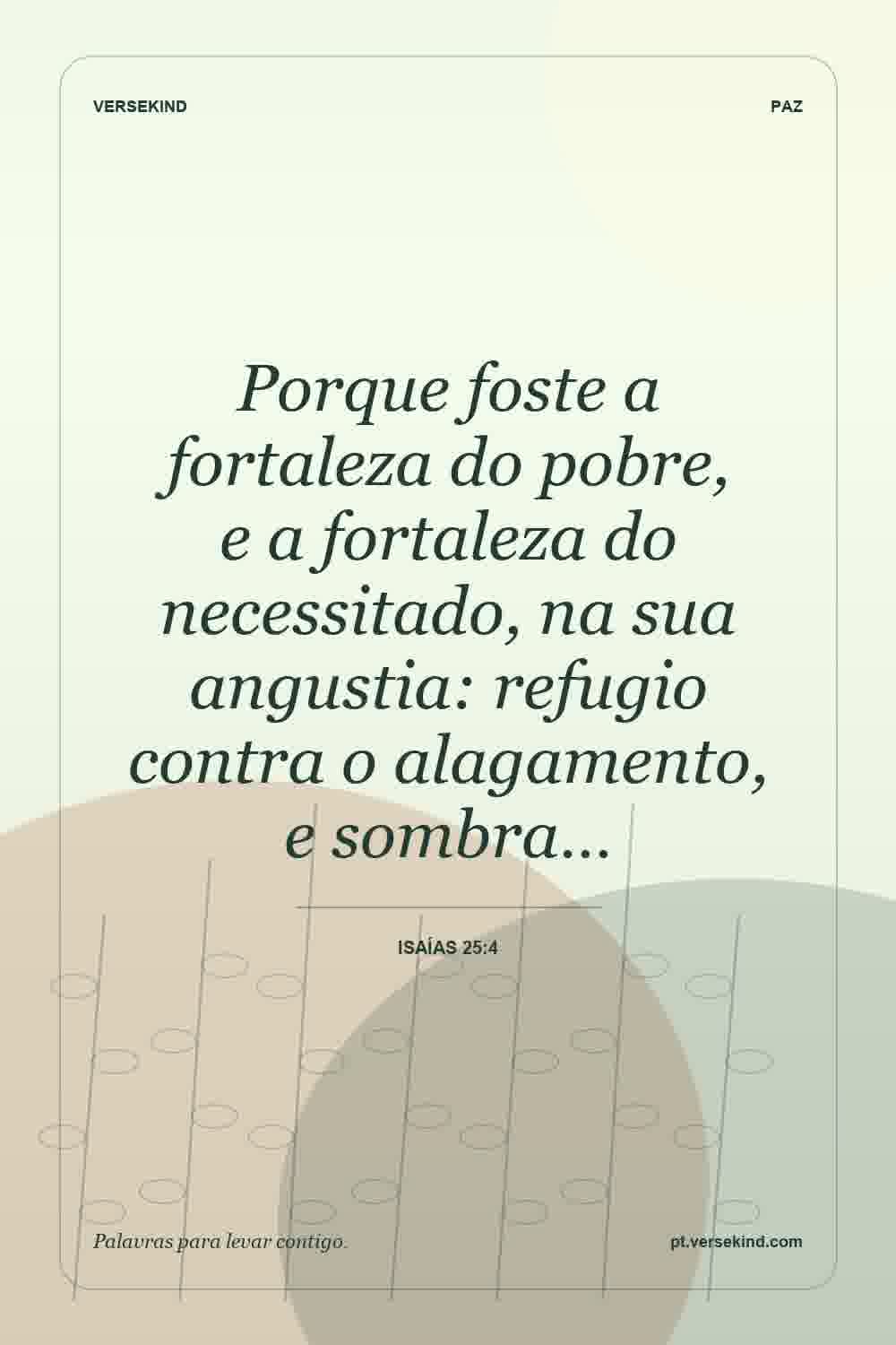 Porque foste a fortaleza do pobre, e a fortaleza do necessitado, na sua angustia: refugio contra o alagamento, e sombra… — Isaías 25:4