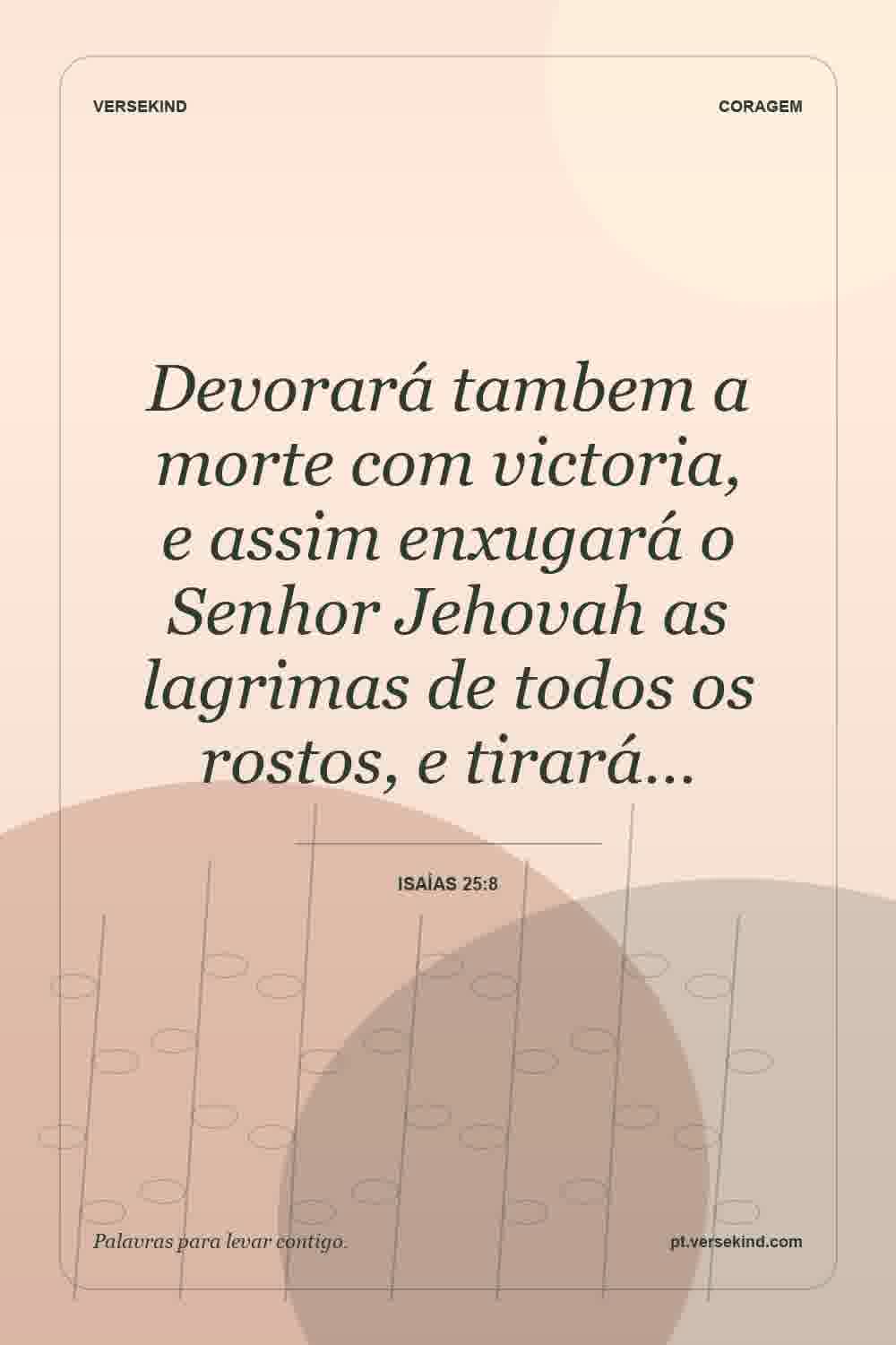 Devorará tambem a morte com victoria, e assim enxugará o Senhor Jehovah as lagrimas de todos os rostos, e tirará… — Isaías 25:8