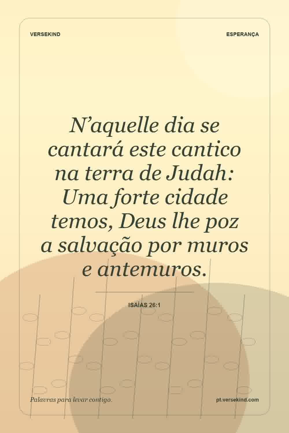 N’aquelle dia se cantará este cantico na terra de Judah: Uma forte cidade temos, Deus lhe poz a salvação por muros e antemuros. — Isaías 26:1