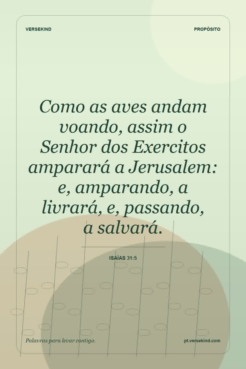 Como as aves andam voando, assim o Senhor dos Exercitos amparará a Jerusalem: e, amparando, a livrará, e, passando, a salvará. — Isaías 31:5