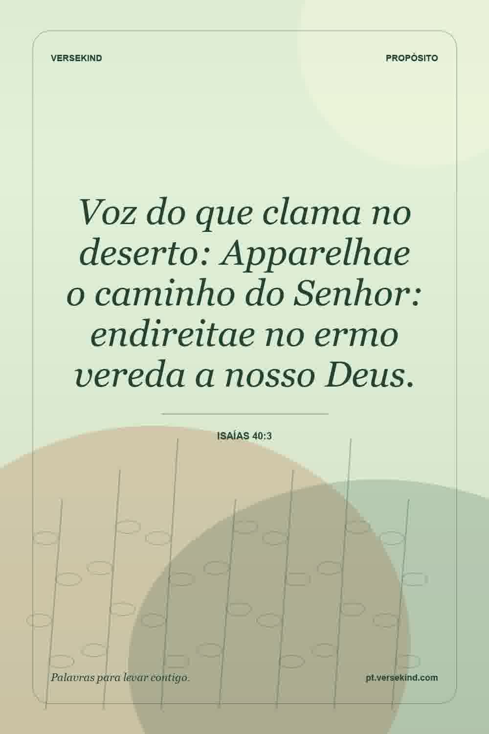 Voz do que clama no deserto: Apparelhae o caminho do Senhor: endireitae no ermo vereda a nosso Deus. — Isaías 40:3