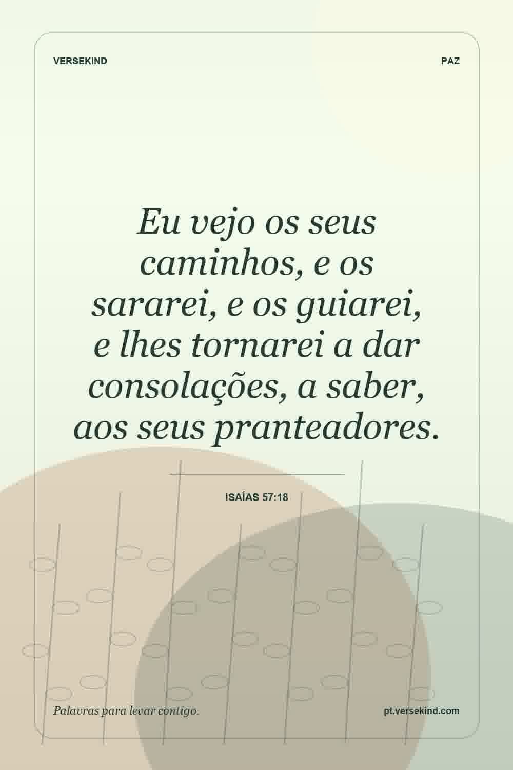 Eu vejo os seus caminhos, e os sararei, e os guiarei, e lhes tornarei a dar consolações, a saber, aos seus pranteadores. — Isaías 57:18