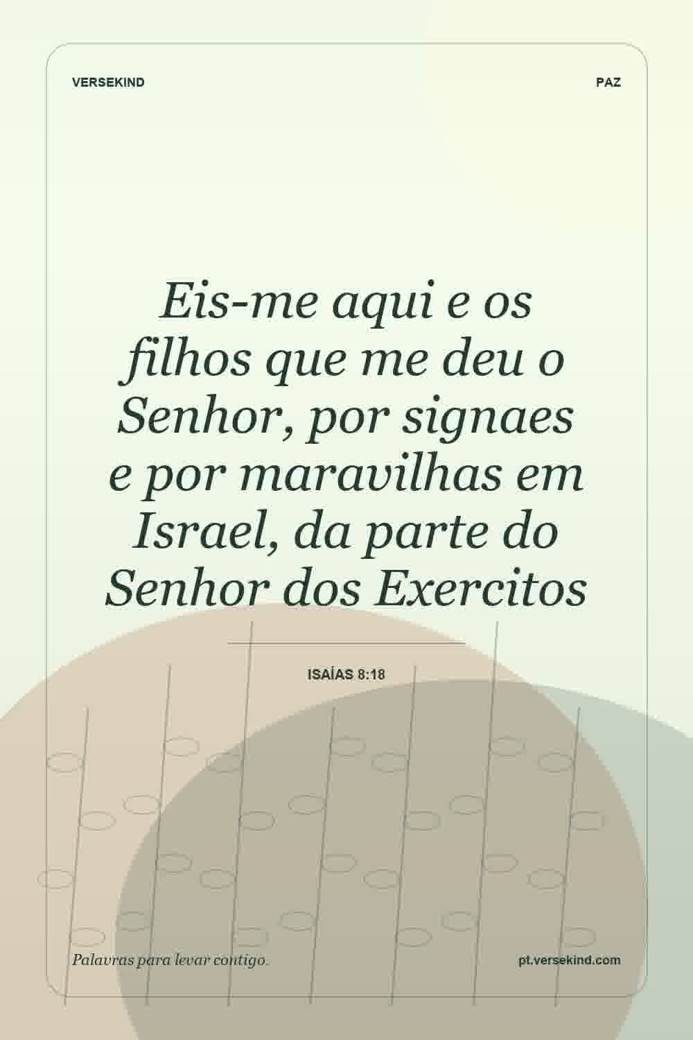 Eis-me aqui e os filhos que me deu o Senhor, por signaes e por maravilhas em Israel, da parte do Senhor dos Exercitos — Isaías 8:18
