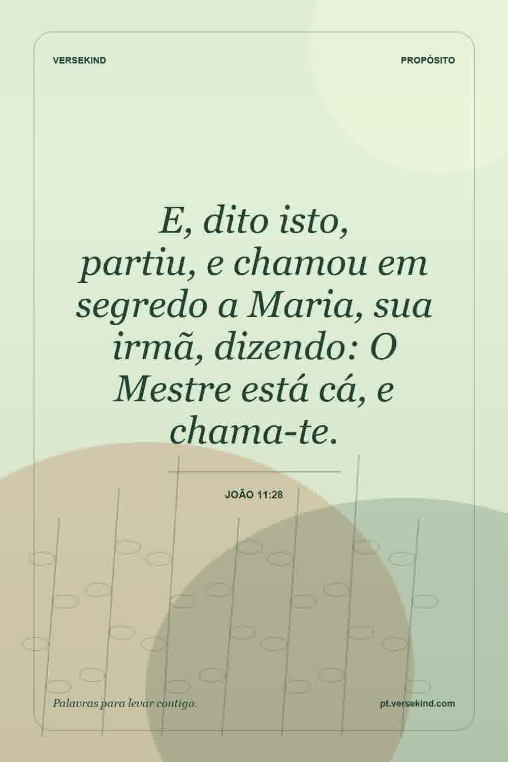 E, dito isto, partiu, e chamou em segredo a Maria, sua irmã, dizendo: O Mestre está cá, e chama-te. — João 11:28