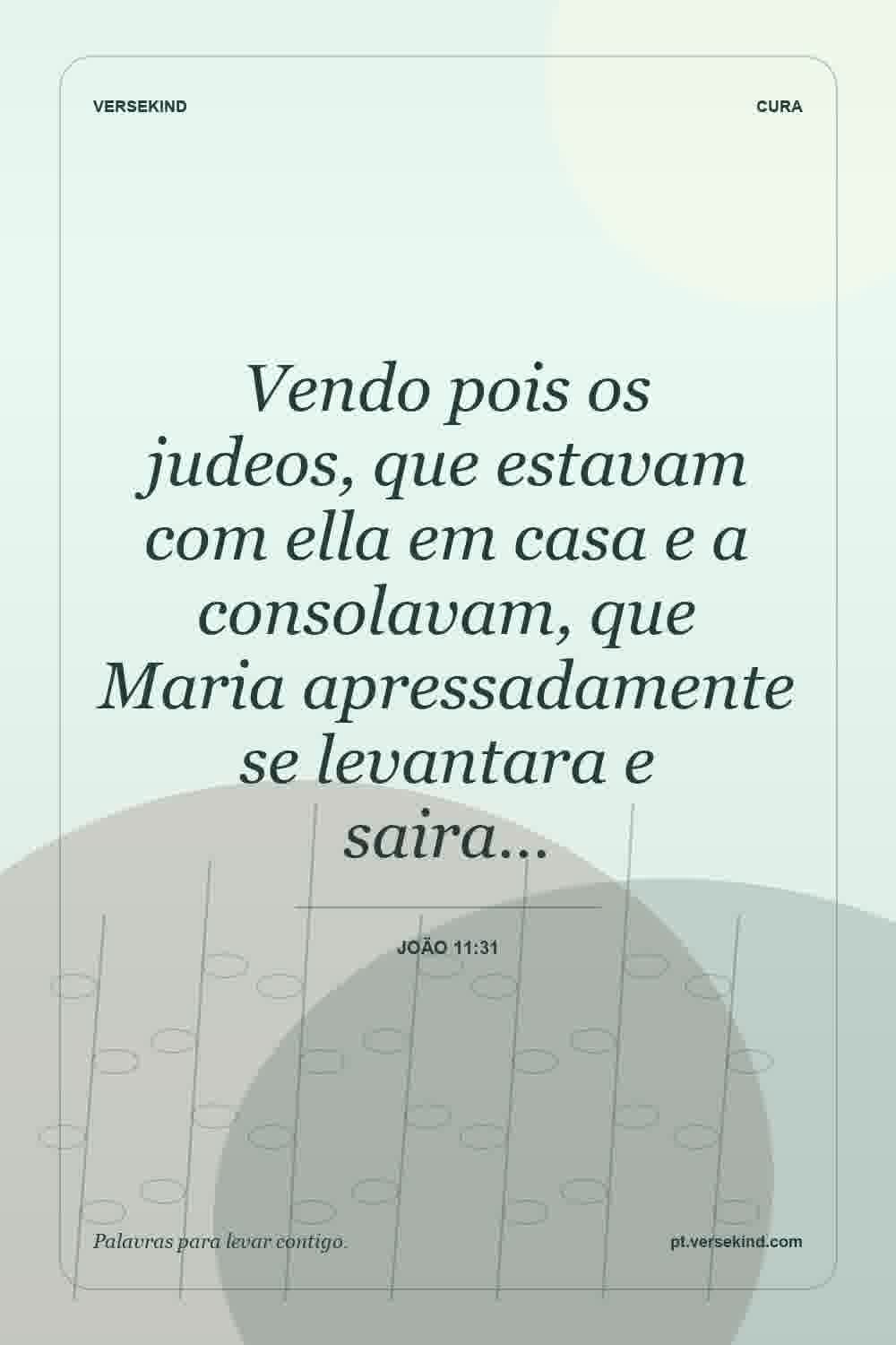 Vendo pois os judeos, que estavam com ella em casa e a consolavam, que Maria apressadamente se levantara e saira… — João 11:31