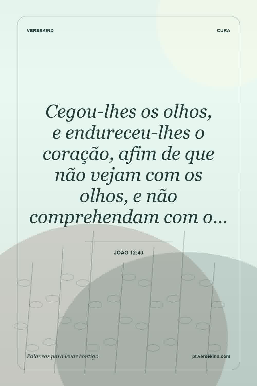 Cegou-lhes os olhos, e endureceu-lhes o coração, afim de que não vejam com os olhos, e não comprehendam com o… — João 12:40