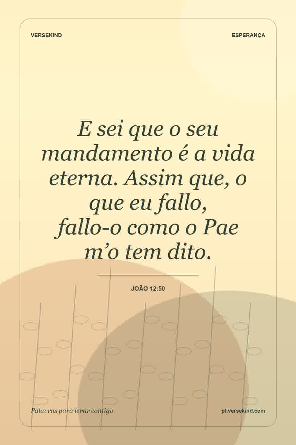 E sei que o seu mandamento é a vida eterna. Assim que, o que eu fallo, fallo-o como o Pae m’o tem dito. — João 12:50