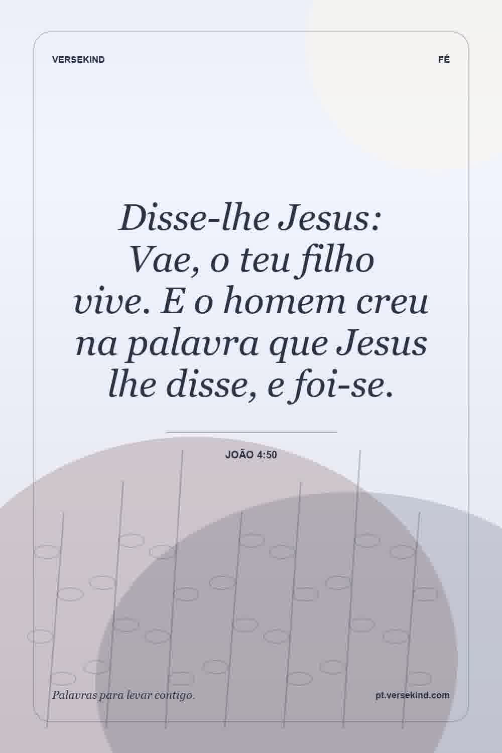 Disse-lhe Jesus: Vae, o teu filho vive. E o homem creu na palavra que Jesus lhe disse, e foi-se. — João 4:50