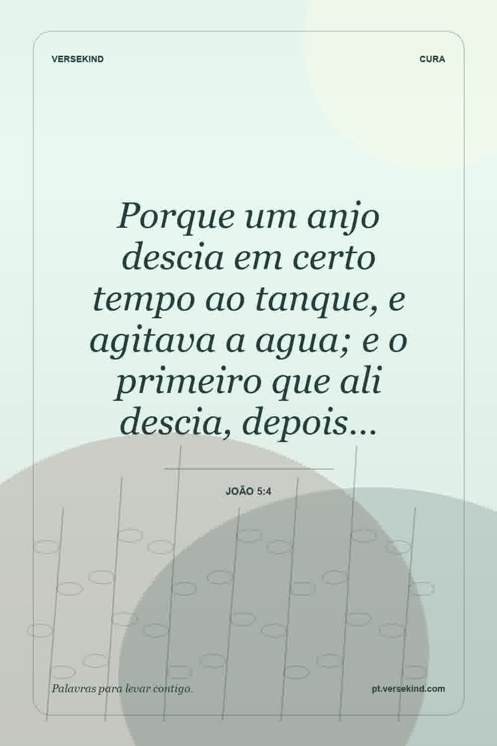 Porque um anjo descia em certo tempo ao tanque, e agitava a agua; e o primeiro que ali descia, depois… — João 5:4