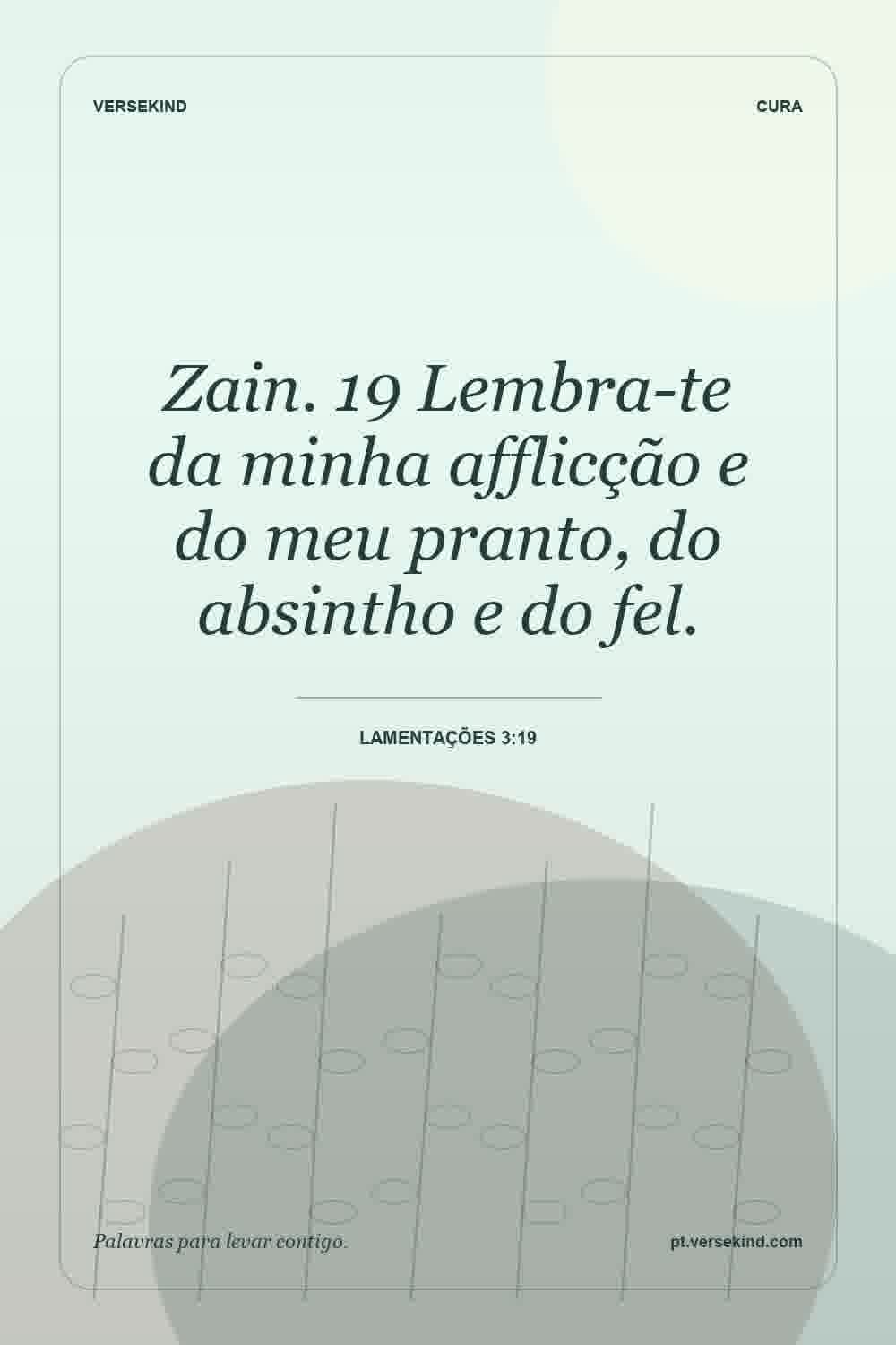Zain. 19 Lembra-te da minha afflicção e do meu pranto, do absintho e do fel. — Lamentações 3:19