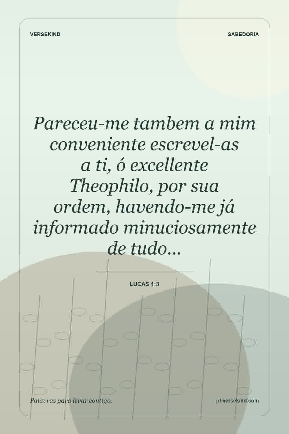 Pareceu-me tambem a mim conveniente escrevel-as a ti, ó excellente Theophilo, por sua ordem, havendo-me já informado minuciosamente de tudo… — Lucas 1:3