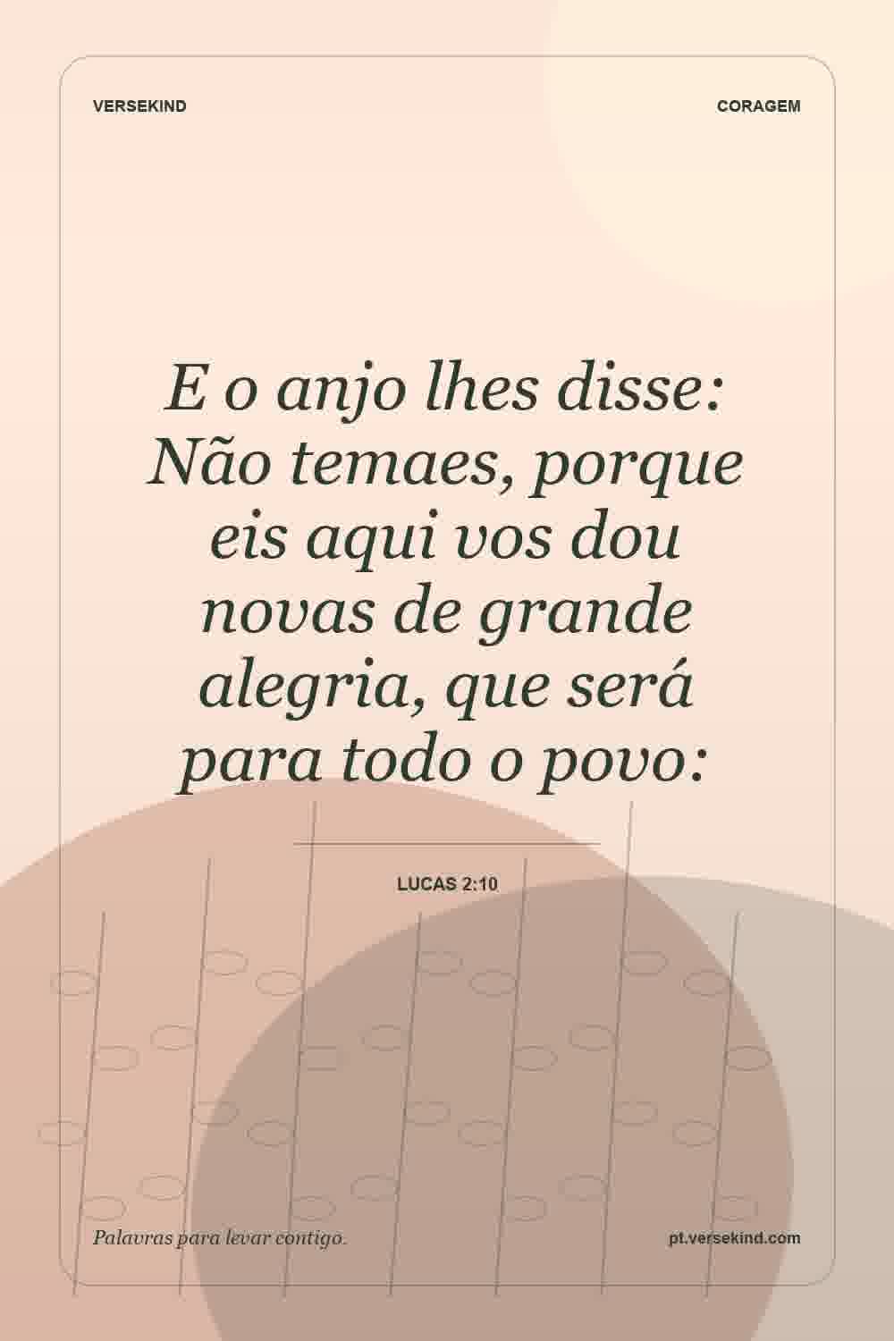 E o anjo lhes disse: Não temaes, porque eis aqui vos dou novas de grande alegria, que será para todo o povo: — Lucas 2:10