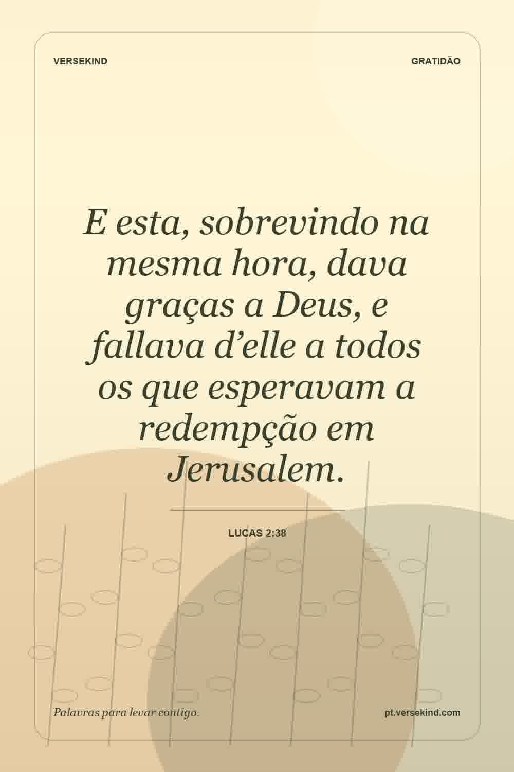 E esta, sobrevindo na mesma hora, dava graças a Deus, e fallava d’elle a todos os que esperavam a redempção em Jerusalem. — Lucas 2:38