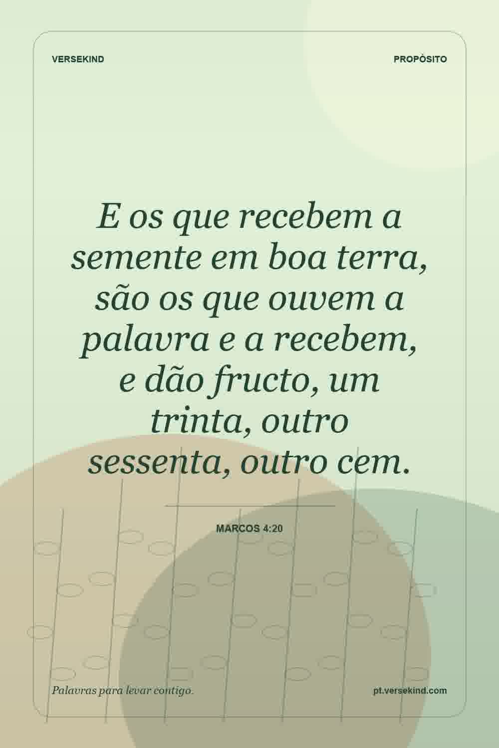 E os que recebem a semente em boa terra, são os que ouvem a palavra e a recebem, e dão fructo, um trinta, outro sessenta, outro cem. — Marcos 4:20