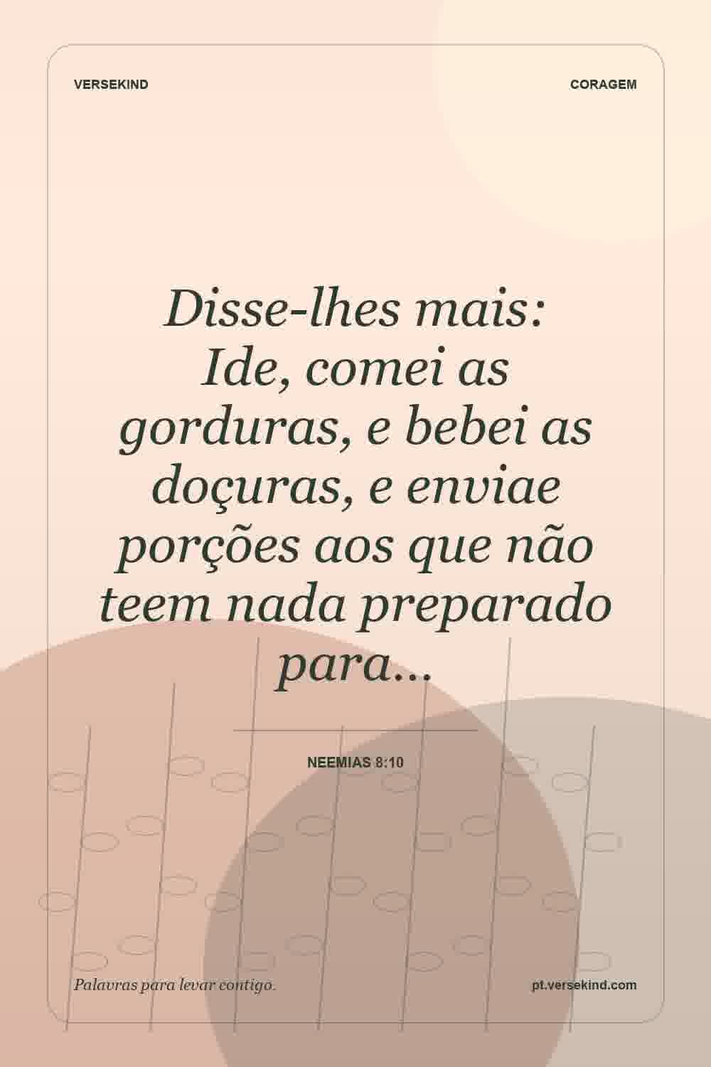 Disse-lhes mais: Ide, comei as gorduras, e bebei as doçuras, e enviae porções aos que não teem nada preparado para… — Neemias 8:10