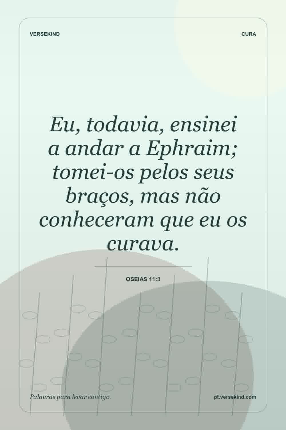 Eu, todavia, ensinei a andar a Ephraim; tomei-os pelos seus braços, mas não conheceram que eu os curava. — Oseias 11:3
