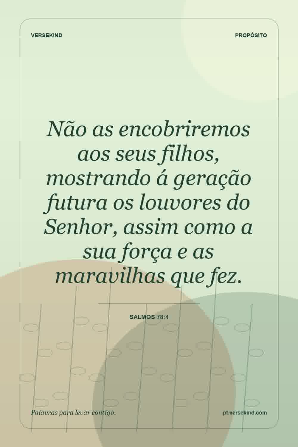 Não as encobriremos aos seus filhos, mostrando á geração futura os louvores do Senhor, assim como a sua força e as maravilhas que fez. — Salmos 78:4